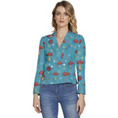 Whimsical Mushroom Pattern Women s Long Sleeve Revers Collar Cropped Jacket by Drawde