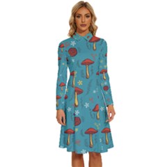 Whimsical Mushroom Pattern Long Sleeve Shirt Collar A-line Dress by Drawde