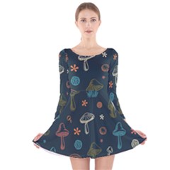 Whimsical Mushrooms Pattern Long Sleeve Velvet Skater Dress by Drawde