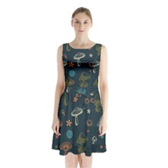 Whimsical Mushrooms Pattern Sleeveless Waist Tie Chiffon Dress by Drawde