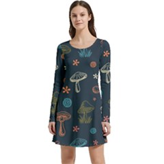 Whimsical Mushrooms Pattern Long Sleeve Velour Skater Dress by Drawde