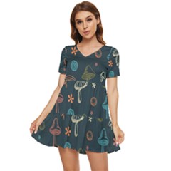 Whimsical Mushrooms Pattern Tiered Short Sleeve Babydoll Dress by Drawde