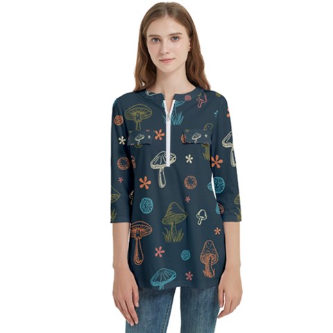 Whimsical Mushrooms Pattern Women s Zip Front V-neck 3/4 Sleeve Casual Top Pocket Shirt by Drawde