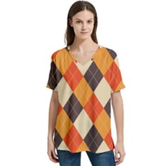 Halloween Argyle Pattern  V-neck Split Shoulder Casual T-shirt by Safari