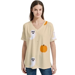 Pumpkin And Boo Crew Halloween  V-neck Split Shoulder Casual T-shirt by Safari