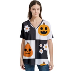 Seamless Halloween Pattern With Smiling Pumpkin 20240926 161714 0000 V-neck Split Shoulder Casual T-shirt by Safari