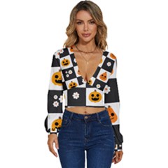 Seamless Halloween Pattern With Smiling Pumpkin 20240926 161714 0000 Long Sleeve Deep-v Velour Top by Safari