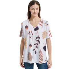 Autumn Seamless Leaves Pattern  V-neck Split Shoulder Casual T-shirt by Safari