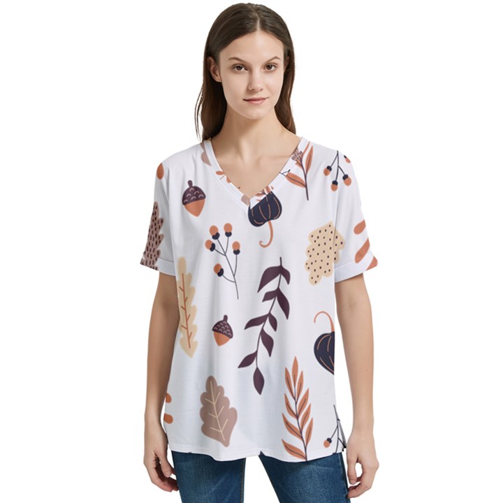 Autumn Seamless Leaves Pattern  V-Neck Split Shoulder Casual T-Shirt