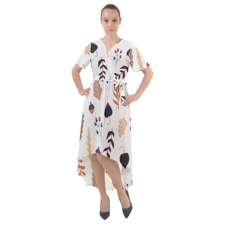 Autumn Seamless Leaves Pattern  Front Wrap High Low Dress