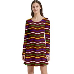 Multicolor Wave Pattern Long Sleeve Velour Skater Dress by ytdream