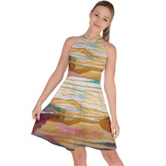 Vibrant Sunset Over Serene Lake Sleeveless Halter Neck A-line Dress by ExtraAwesomeSauce