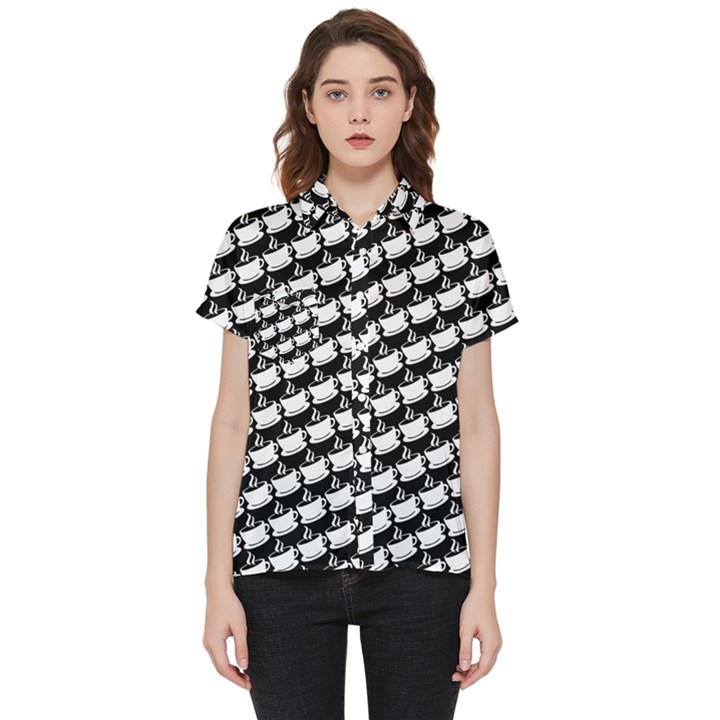 Stylish Coffee Cup Pattern Short Sleeve Pocket Shirt