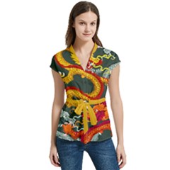 Chinese Dragon Green Women s Cap Sleeve Mandarin Collar Waist Tie Blouse by DimSum