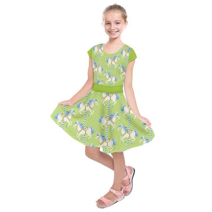 Neon Green Carousel Horses Merry-Go-Round CAP Kids  Short Sleeve Dress