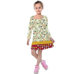 Light Olive Green Owls & Floral Kids  Long Sleeve Velvet Dress by CoolDesigns