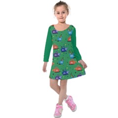 Green Dino In Mug Kids  Long Sleeve Velvet Dress by CoolDesigns