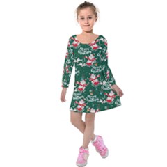 Dark Green Merry Christmas Santa Kids Long Sleeve Velvet Dress by CoolDesigns