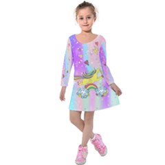 Colorful Fun Unicorn On Rainbow Print Kids  Long Sleeve Velvet Dress by CoolDesigns