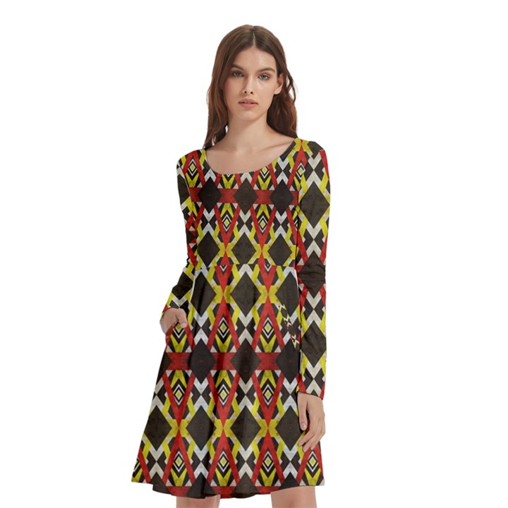 Colorful Geometric Pattern Design Long Sleeve Knee Length Skater Dress With Pockets