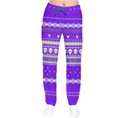 White Aztec Skulls Blue Violet Stretchy Women Velvet Drawstring Pants by CoolDesigns