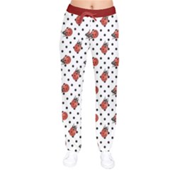 Red Ladybugs Black Polka Dots Pattern Velvet Drawstring Pants by CoolDesigns