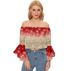 Abstract, Christmas, Glittery, Gold, Red Off Shoulder Flutter Bell Sleeve Top by kyorashop23