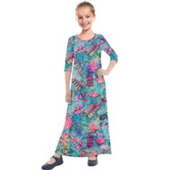 Pink On Blue Leaves Kids  Quarter Sleeve Maxi Dress by kyorashop23