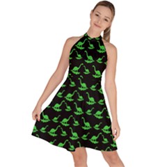 Green Neon Dinos Sleeveless Halter Neck A-line Dress by ConteMonfrey