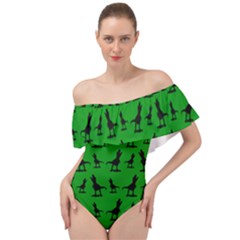 Dinos On A Green Background Off Shoulder Velour Bodysuit  by ConteMonfrey