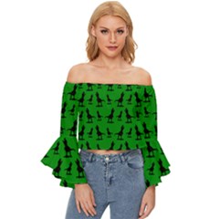 Dinos On A Green Background Off Shoulder Flutter Bell Sleeve Top by ConteMonfrey