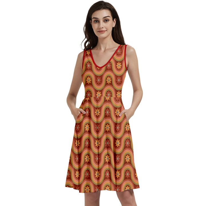 Autumn Fall Groovy Geometrice Sleeveless V-Neck Skater Dress with Pockets