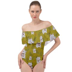 Super Lucky Cat Off Shoulder Velour Bodysuit  by GeekLover