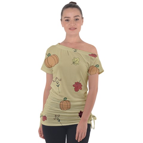 Halloween Fall Pattern Off Shoulder Tie-up T-shirt by Apenda