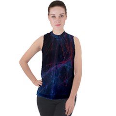 Abstract Feathers Mock Neck Chiffon Sleeveless Top by Apenda