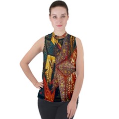 Stars Lanterns Lighting Mock Neck Chiffon Sleeveless Top by Apenda