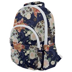 Japanese Wave Koi Illustration Pattern Rounded Multi Pocket Backpack by Ndabl3x