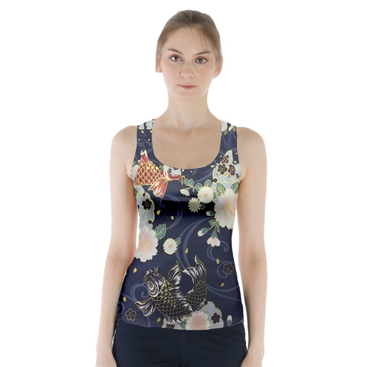 Japanese Wave Koi Illustration Pattern Racer Back Sports Top