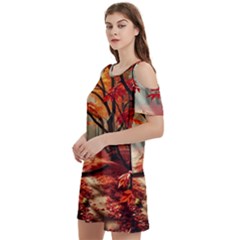 Forest Path Red Nature Women s Cold Shoulder Round Neck Mini Dress by Bedest