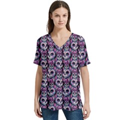 Sugar Skull Cat Pattern V-neck Split Shoulder Casual T-shirt by ExtraAwesomeSauce