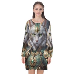 Epic Armored Cat Warrior Long Sleeve Chiffon Shift Dress  by ExtraAwesomeSauce