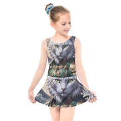 Epic Armored Cat Warrior Kids  Skater Dress Swimsuit by ExtraAwesomeSauce