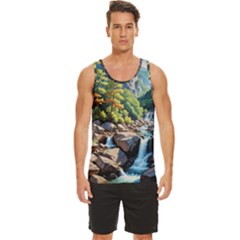 Serene Mountain Waterfall Landscape Men s Wide Collar Tank Top by ExtraAwesomeSauce