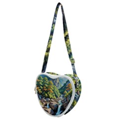 Serene Mountain Waterfall Landscape Heart Shoulder Bag by ExtraAwesomeSauce