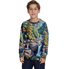 Serene Mountain Waterfall Landscape Kids  Crewneck Sweatshirt by ExtraAwesomeSauce