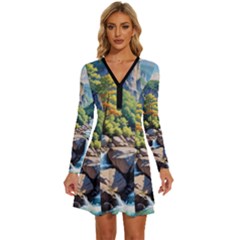 Serene Mountain Waterfall Landscape Long Sleeve Deep V Mini Dress  by ExtraAwesomeSauce