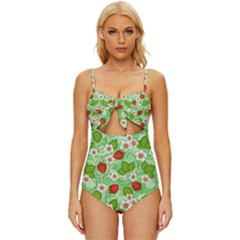 Strawberries Pattern Seamless Knot Front One-piece Swimsuit by Posterlux