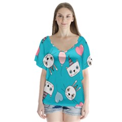 Birtay Cats Bunnies, Koteto V-neck Flutter Sleeve Top by kyorashop23