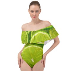 Lime Slices Close Up, Fresh, Fruit, Green Lemon Off Shoulder Velour Bodysuit  by kyorashop23