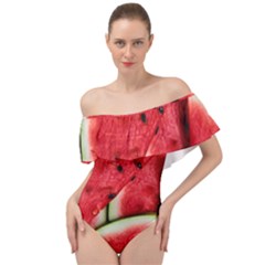 Watermelon, Fruit, Green, Red Off Shoulder Velour Bodysuit  by kyorashop23